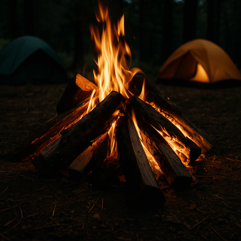 Campfire burning in a forest campsite at night, with neatly arranged logs and warm flames rising—ideal outdoor scene for camping, cooking, and wilderness protection