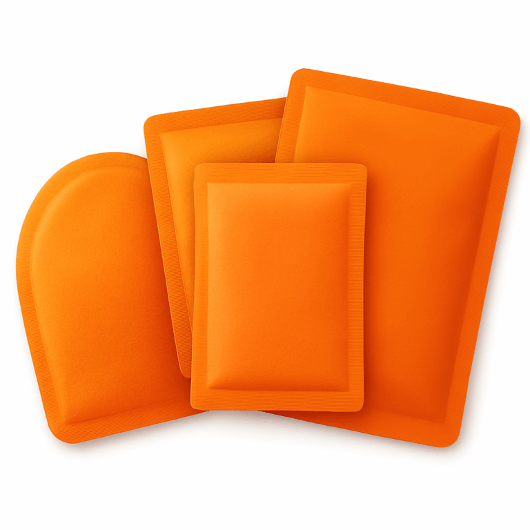 Four orange disposable hand warmers arranged in a fan shape on a white background, representing different sizes of air-activated heat packs for winter use