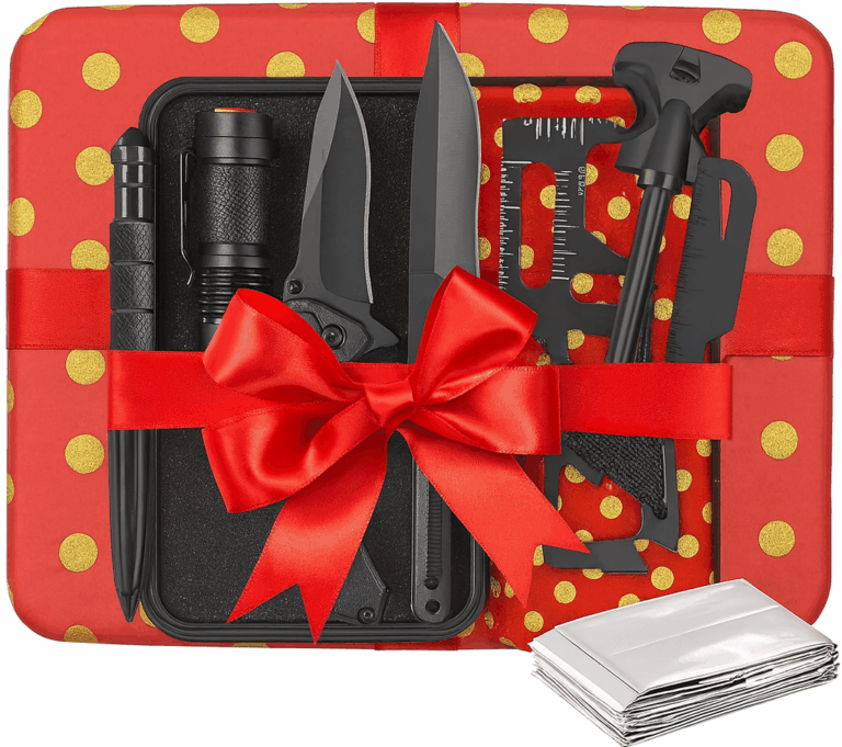 Best Christmas gifts for men – survival kit with knife, flashlight and multi tool wrapped as a gift